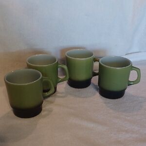 Green and Black Anchor Hocking Fire King Mugs Set Green, Black Stacking Cups